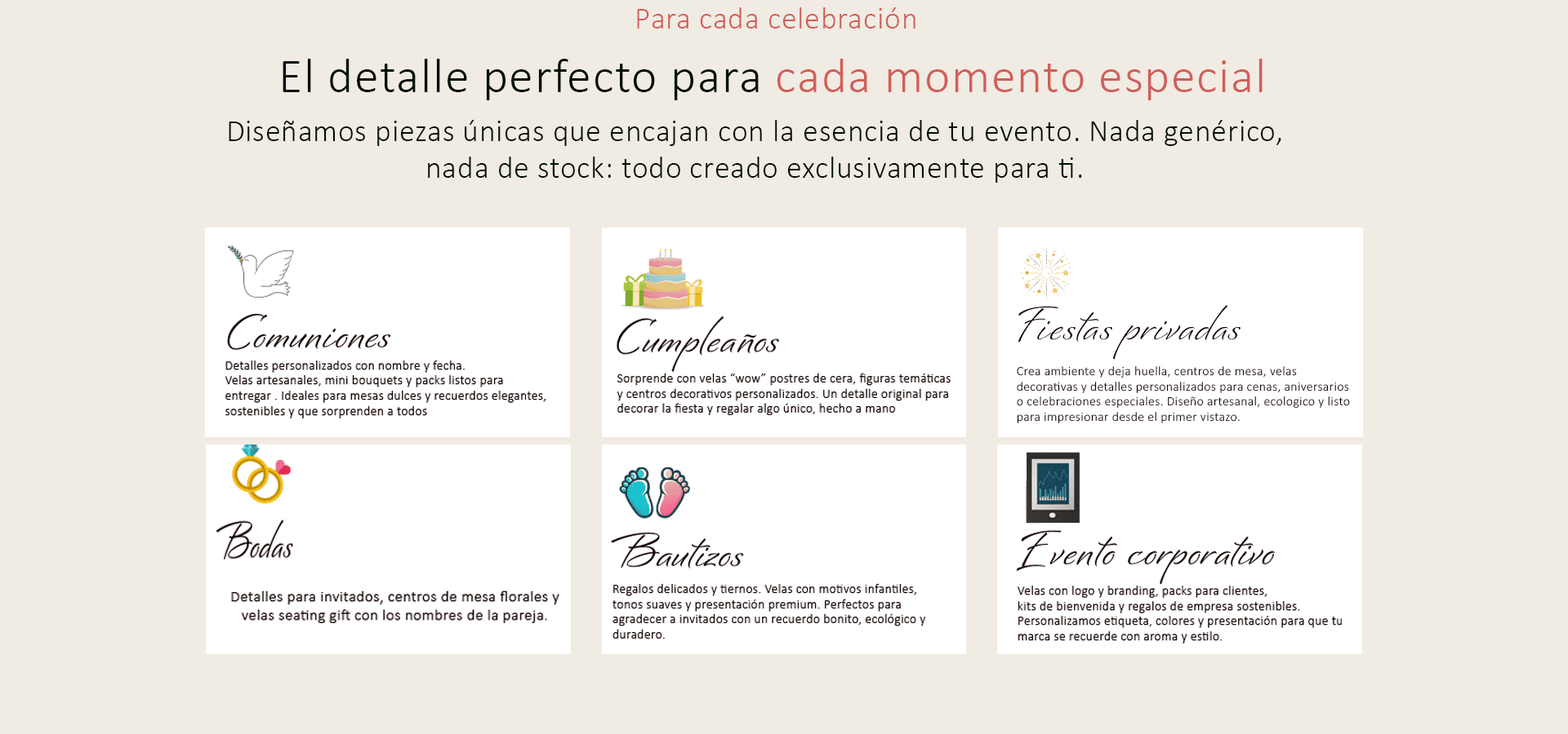 Sección “Para cada celebración” de Luz de Candle con el título “El detalle perfecto para cada momento especial” y tarjetas de servicios para eventos Comuniones, Cumpleaños, Fiestas privadas, Bodas, Bautizos y Evento corporativo, con iconos y descripciones