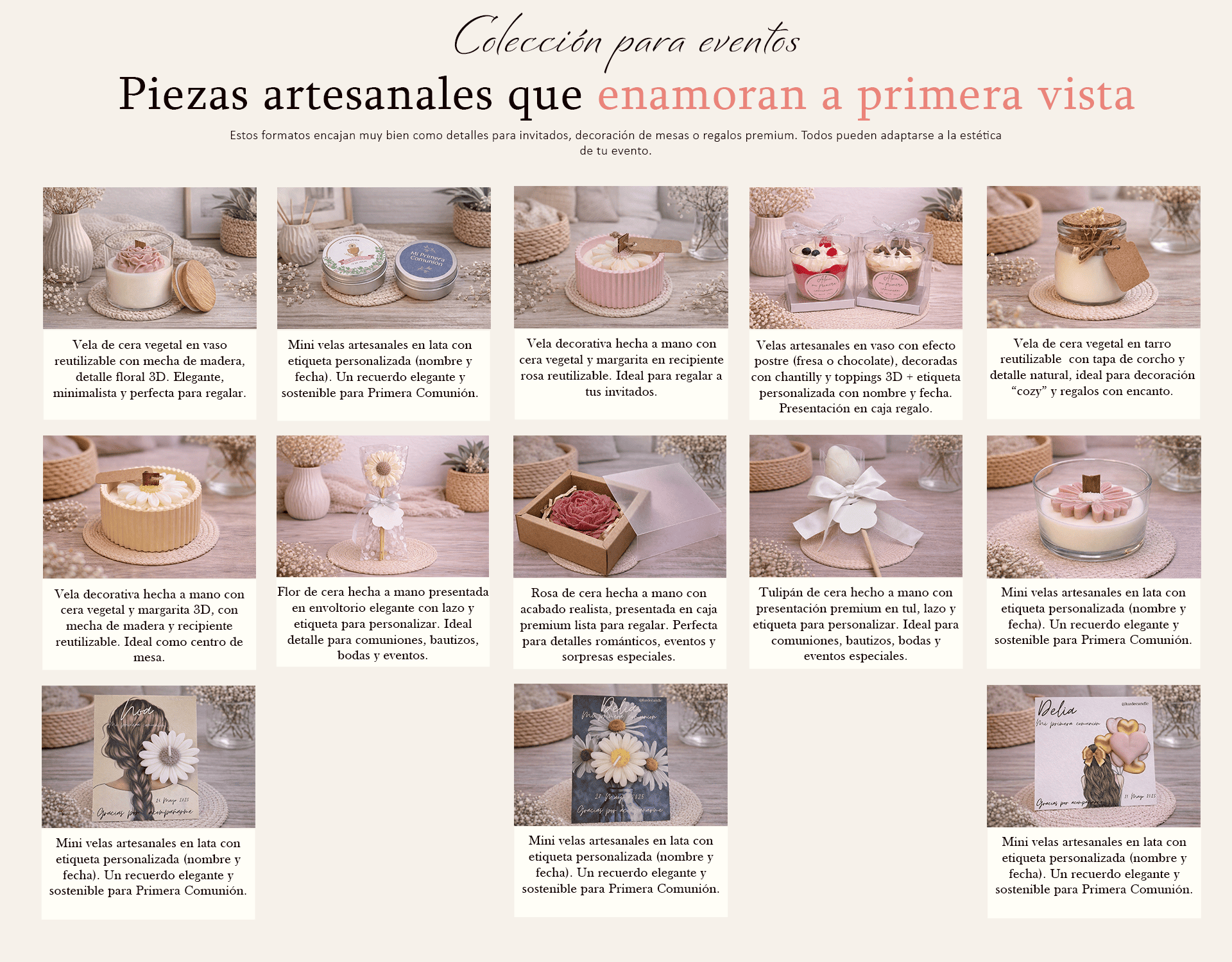 Sección “Colección para eventos” de Luz de Candle con el título “Piezas artesanales que enamoran a primera vista” y una galería de productos personalizados (velas en vaso reutilizable, mini velas en lata, vela margarita, velas tipo postre, tarro con tapa
