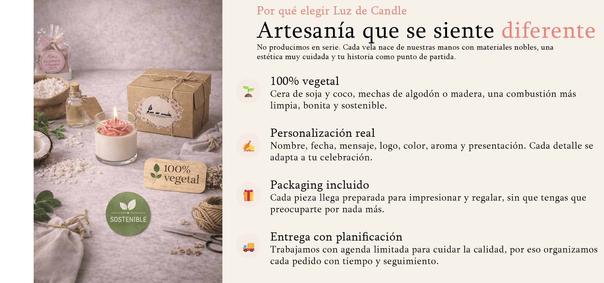 Bloque “Por qué elegir Luz de Candle” con el título “Artesanía que se siente diferente”, imagen de una vela artesanal encendida con packaging y elementos naturales, y cuatro ventajas: 100% vegetal (cera de soja y coco), personalización real