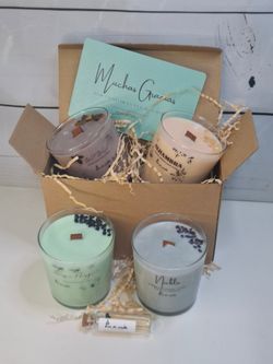 Pack de 4 Velas Artesanales Grandes con Aromaterapia | Mecha de Madera y Minerales Naturales