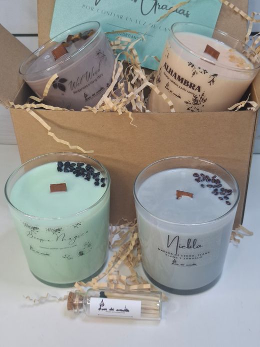Pack de 4 Velas Artesanales Grandes con Aromaterapia | Mecha de Madera y Minerales Naturales