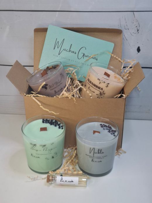 Pack de 4 Velas Artesanales Grandes con Aromaterapia | Mecha de Madera y Minerales Naturales