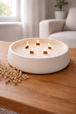 Vela aromática artesanal grande en recipiente blanco decorado con cactus y suculentas