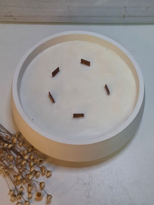 Vela aromática artesanal grande en recipiente blanco decorado con cactus y suculentas