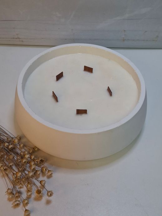 Vela aromática artesanal grande en recipiente blanco decorado con cactus y suculentas