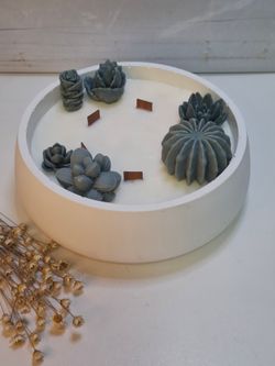 Vela aromática artesanal grande en recipiente blanco decorado con cactus y suculentas