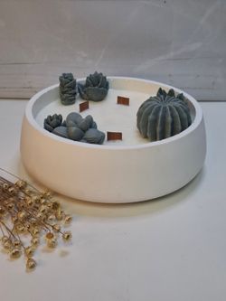 Vela aromática artesanal grande en recipiente blanco decorado con cactus y suculentas