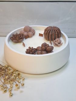 Vela aromática artesanal grande en recipiente blanco decorado con cactus y suculentas