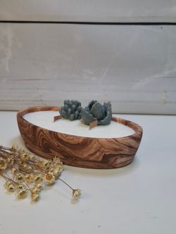 Vela artesanal de soja 100% natural en cuenco ovalado efecto madera con doble mecha