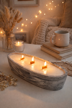 Vela artesanal en recipiente ovalado efecto mármol