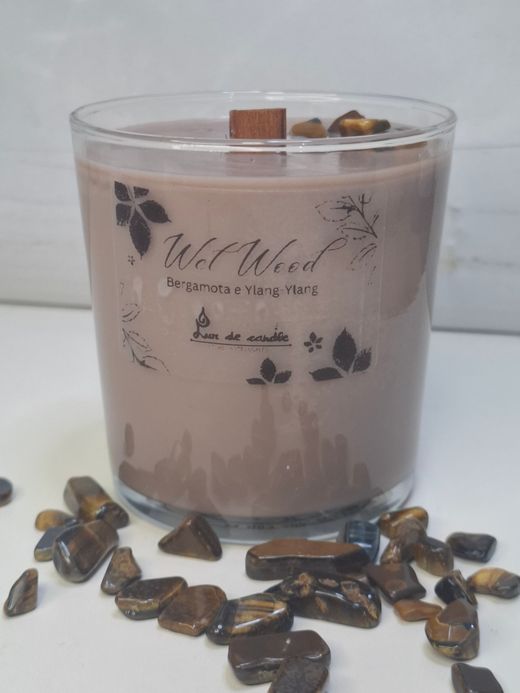 Vela de soja Wet Wood con mecha de madera | Bergamota, ylang-ylang y ojo de tigre
